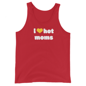 red i heart hot moms bro tank yellow heart and white text