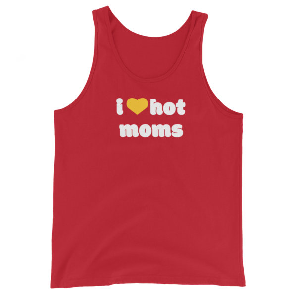 red i heart hot moms bro tank yellow heart and white text