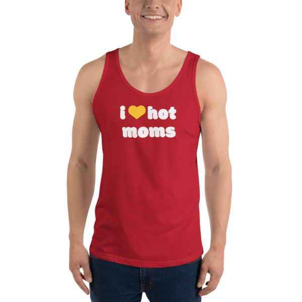 man in red i heart hot moms bro tank with yellow heart and white text