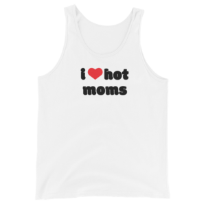 white i heart hot moms bro tank with red heart and black text