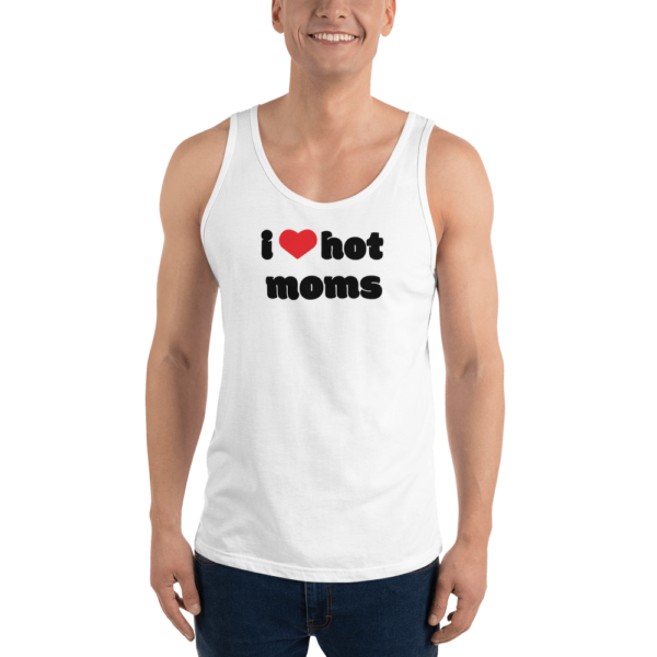 man in white i heart hot moms bro tank with red heart and black text