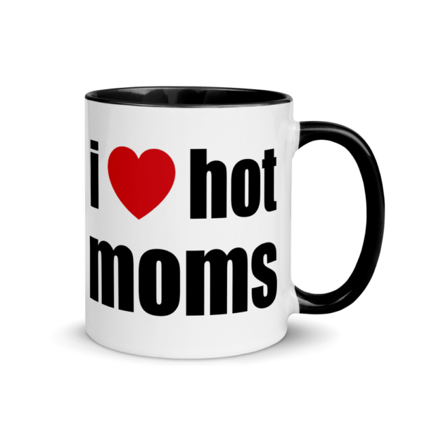 i heart hot moms coffee cup black and white with red heart and black text