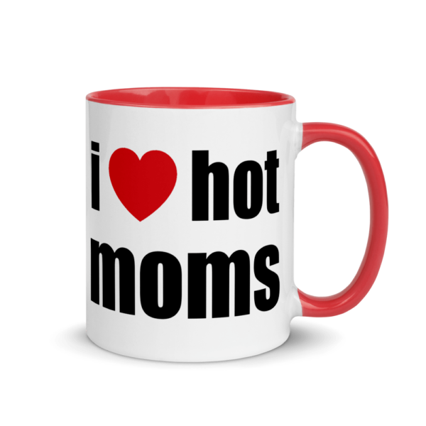 i heart hot moms coffee cup red and white with red heart and black text