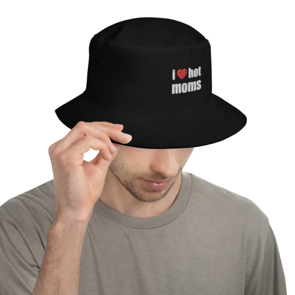 i love hot moms black bucket hat with red heart and white text
