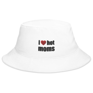 i love hot moms white bucket hat with red heart and black text