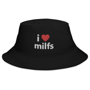 i love milfs black hat with white text and red heart