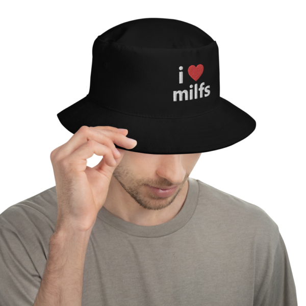 man in i love milfs black hat with white text and red heart