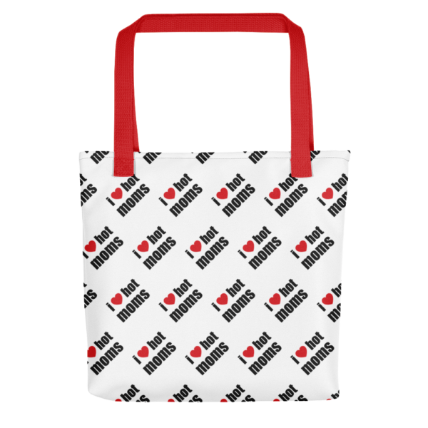 i love hot moms tote bag with red handle