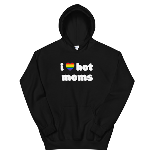 i love hot moms black hoodie with rainbow heart