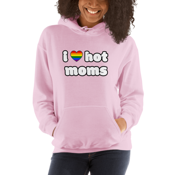 woman in i love hot moms pink hoodie with rainbow heart