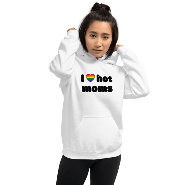 woman in i love hot moms white hoodie with rainbow heart