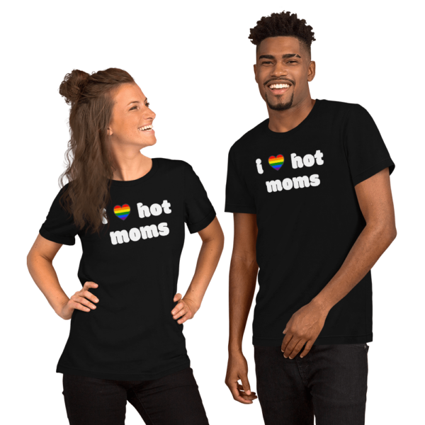 man and woman in i love hot moms black tshirt with rainbow heart