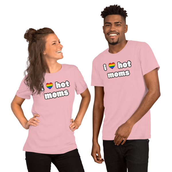 couple in i love hot moms pink tshirt with rainbow heart
