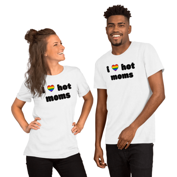 man and woman in i love hot moms white tshirt with rainbow heart